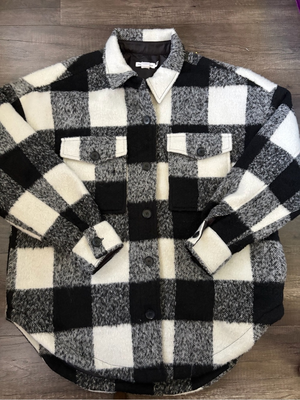 Good American Buffalo Plaid Wool Blend Shacket Black Ivory